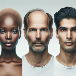 A group portrait featuring a young African woman with a slight receding hairline, a Caucasian man in his 40s with a prominent receding hairline, and a Hispanic man in his 30s with a full head of hair, all set against a gradient white background.